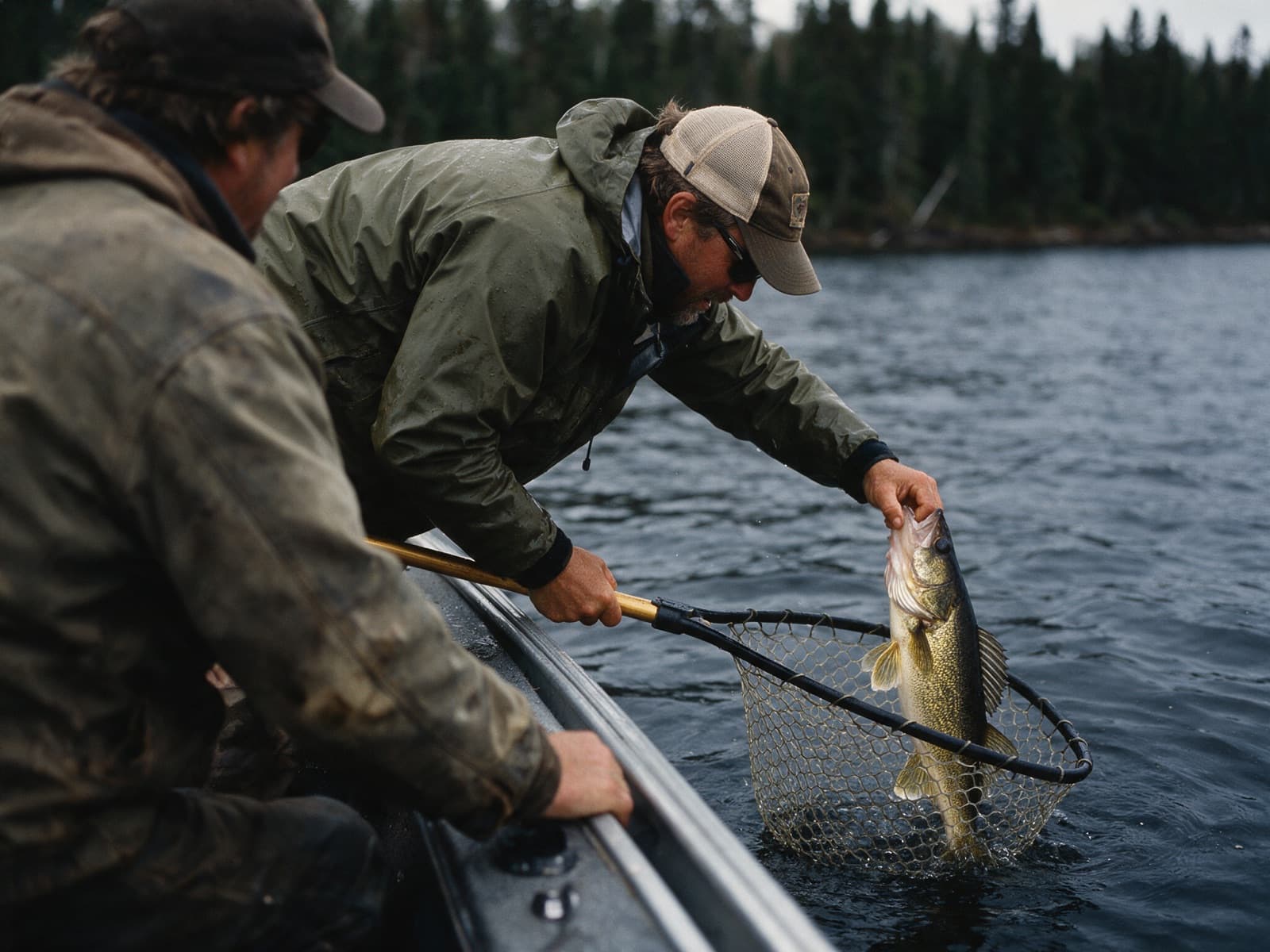 A guide nets a walleye over the side of a boat while a client watches from the bow.